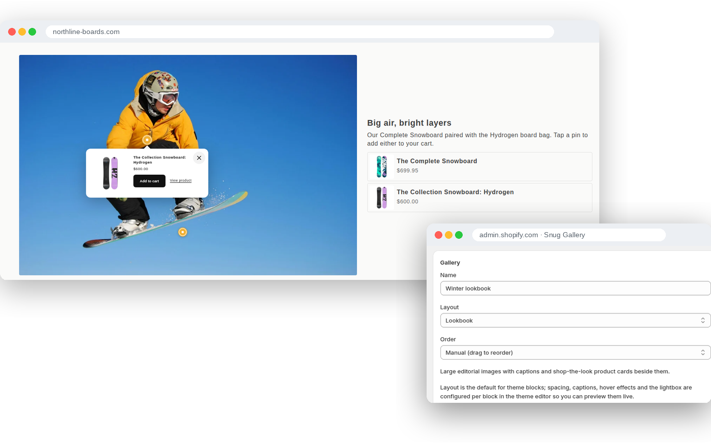 A shoppable lookbook on a Shopify storefront: a snowboarder shot with product pins and an Add to cart card, next to the Snug Gallery editor in the Shopify admin