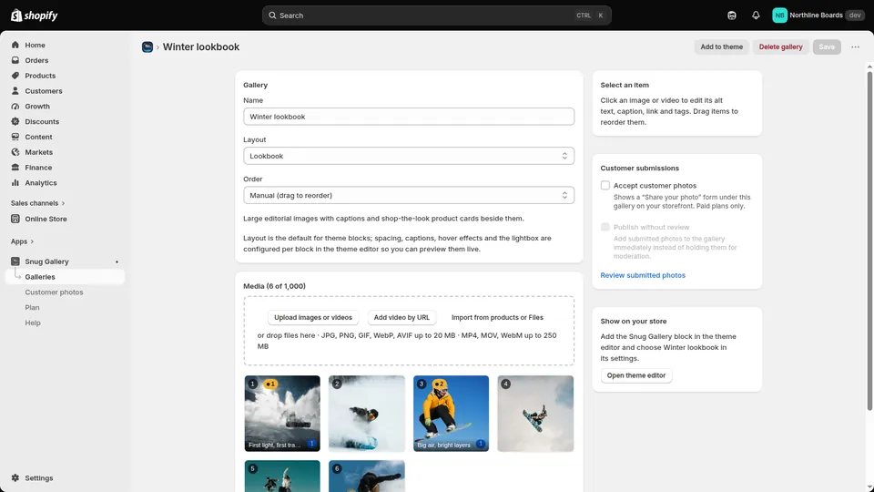 Snug Gallery editor in the Shopify admin showing a gallery's name, layout and order settings with uploaded media thumbnails