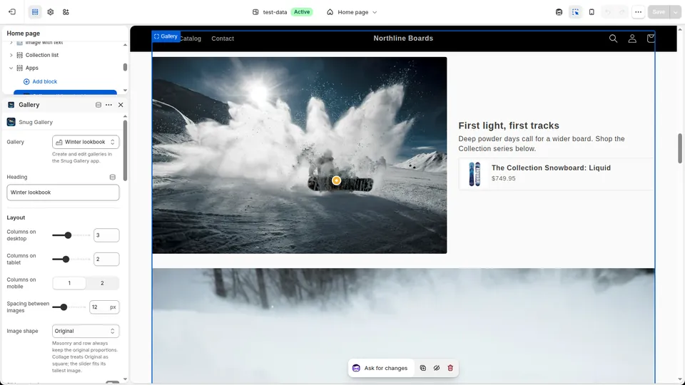 Shopify theme editor with the Snug Gallery app block added to a page and its settings panel open
